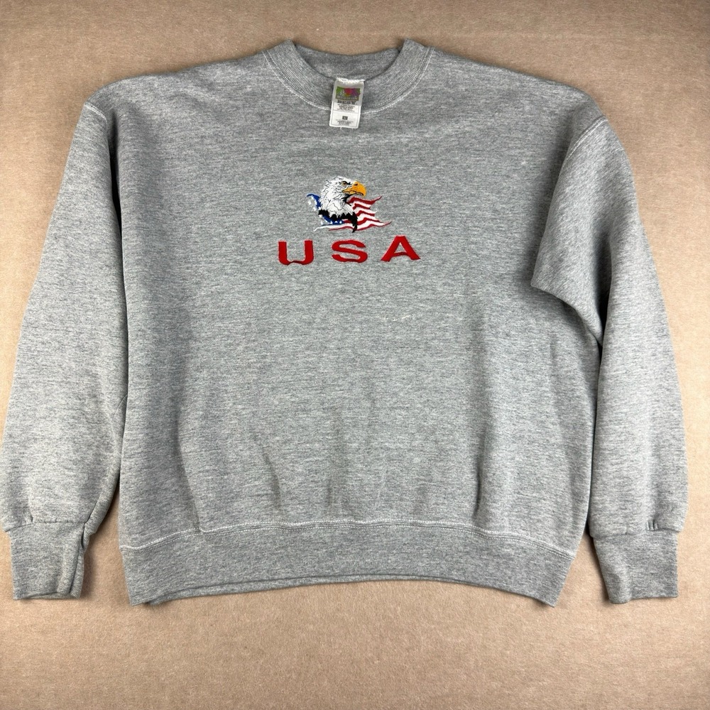 Vintage Fruit of the Loom Sweatshirt‎ Mens L Gray USA Eagle Flag Crewneck 90s